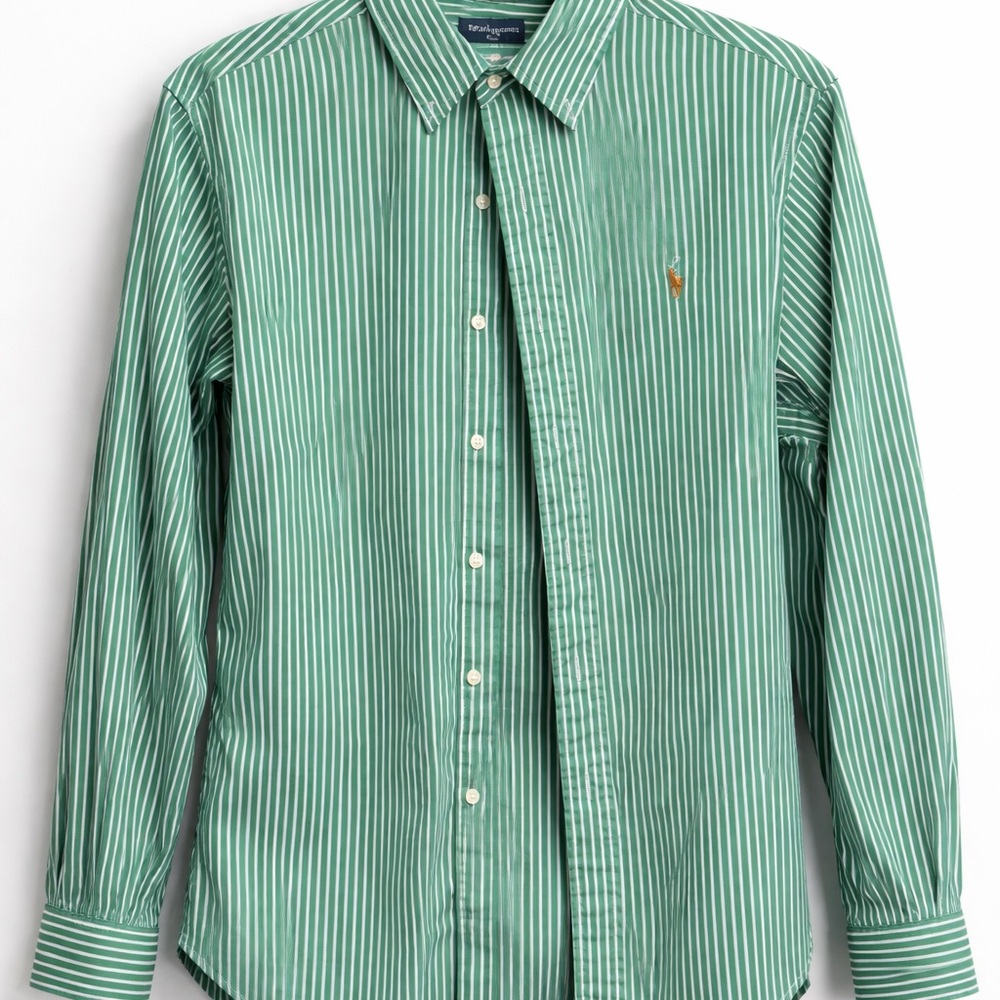 Ralph Lauren Green and White Striped Cotton Dress Shirt